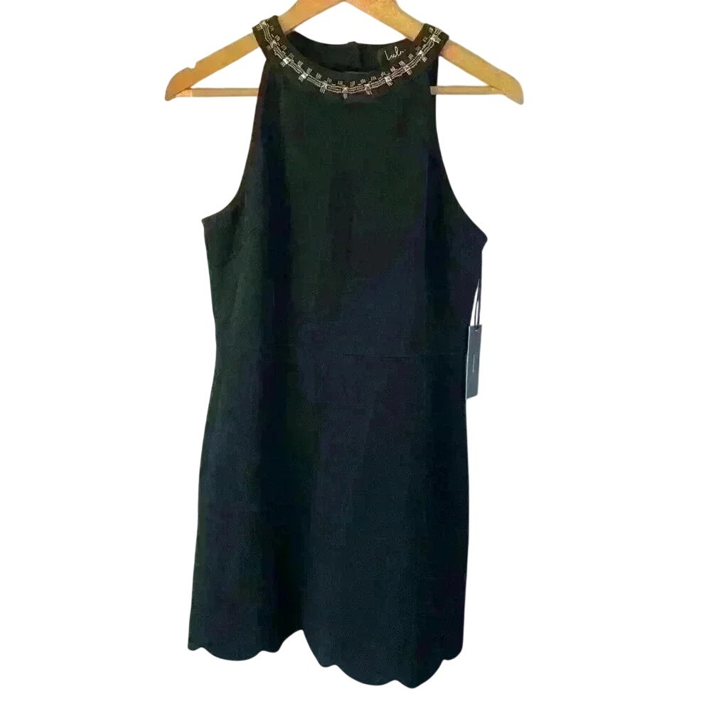 NWT Women's Lulu's Beaded Halter Sleeveless Scalloped Hem Mini Dress Size Large